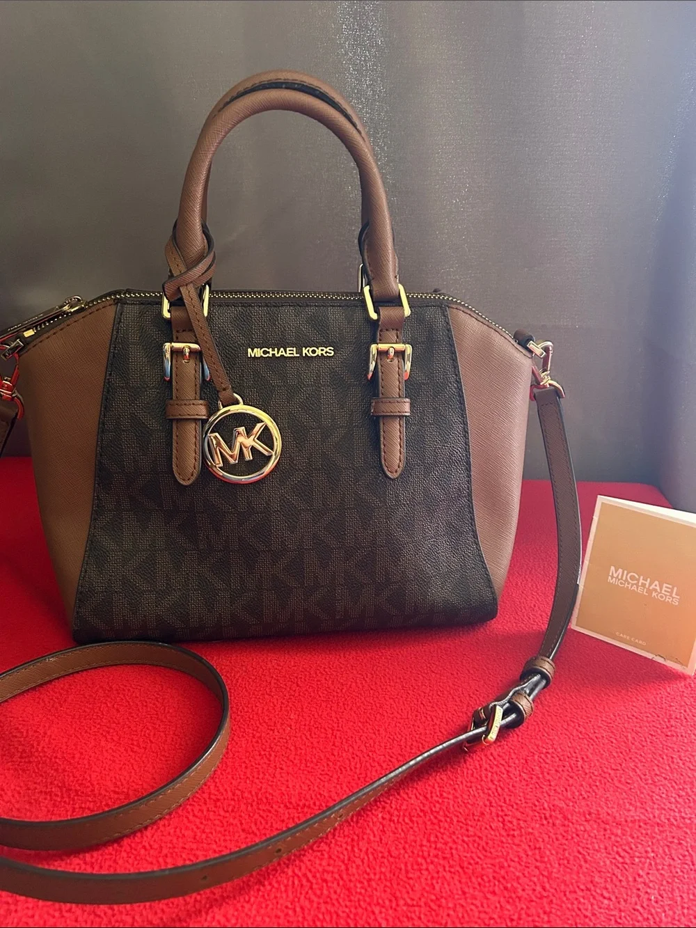 Michael Kors Ciara Brown and black Signature Logo Satchel with Gold Hardware